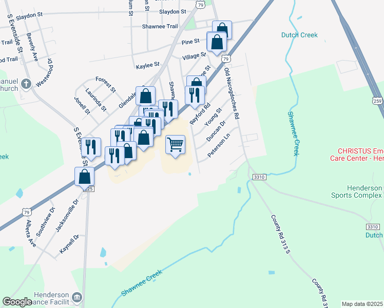 map of restaurants, bars, coffee shops, grocery stores, and more near 1702 Rayford Road in Henderson