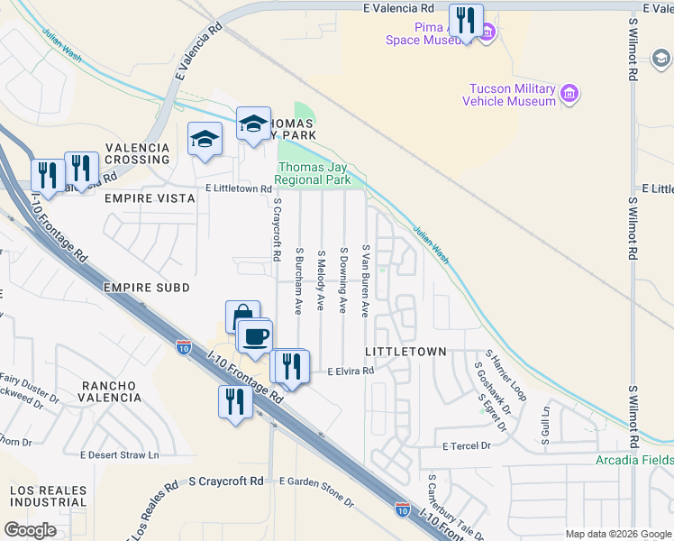 map of restaurants, bars, coffee shops, grocery stores, and more near 6633 South Melody Avenue in Tucson