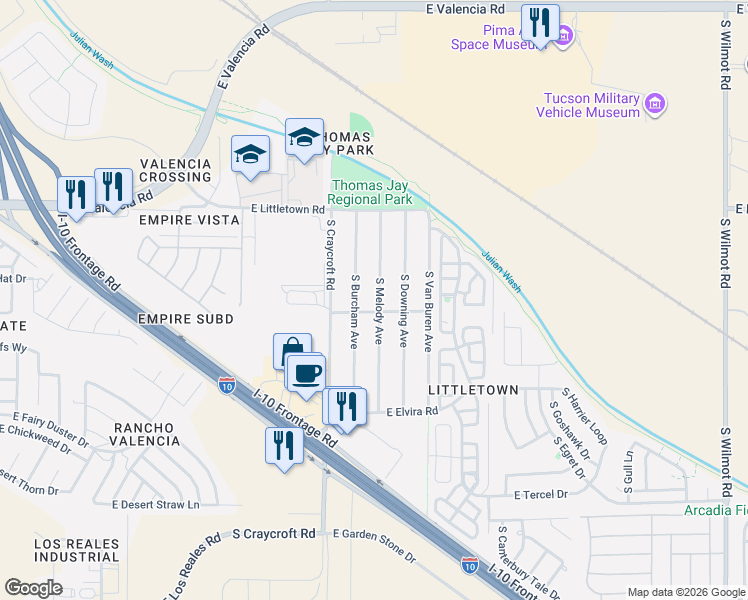 map of restaurants, bars, coffee shops, grocery stores, and more near 6633 South Melody Avenue in Tucson