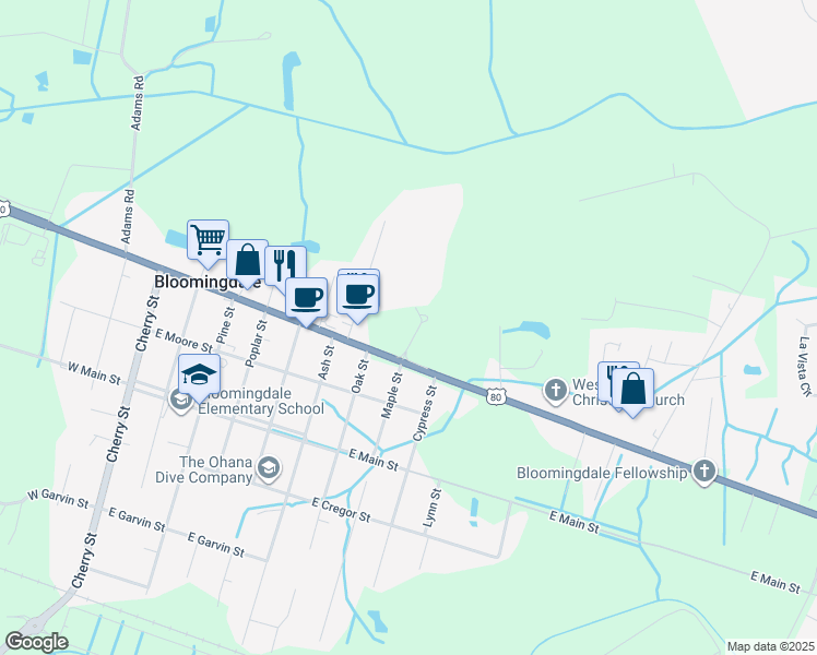 map of restaurants, bars, coffee shops, grocery stores, and more near 608 U.S. 80 in Bloomingdale