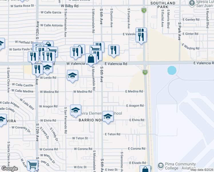 map of restaurants, bars, coffee shops, grocery stores, and more near 120 East Medina Road in Tucson