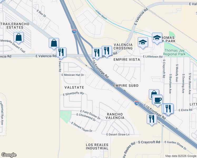 map of restaurants, bars, coffee shops, grocery stores, and more near 6644 South SQUAWROOT Place in Tucson