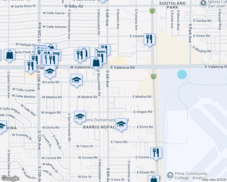 map of restaurants, bars, coffee shops, grocery stores, and more near 120 East Medina Road in Tucson