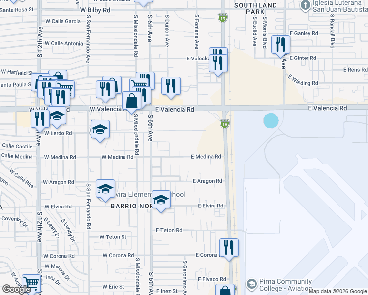 map of restaurants, bars, coffee shops, grocery stores, and more near 225 East Medina Road in Tucson