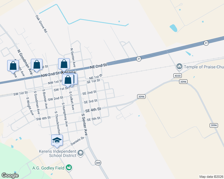 map of restaurants, bars, coffee shops, grocery stores, and more near 13 McClung Drive in Kerens