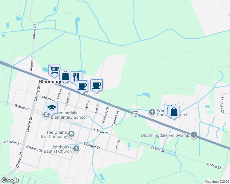 map of restaurants, bars, coffee shops, grocery stores, and more near 702 East U.S. 80 in Bloomingdale