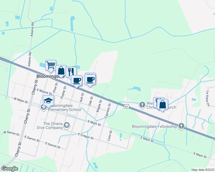 map of restaurants, bars, coffee shops, grocery stores, and more near 608 U.S. 80 in Bloomingdale