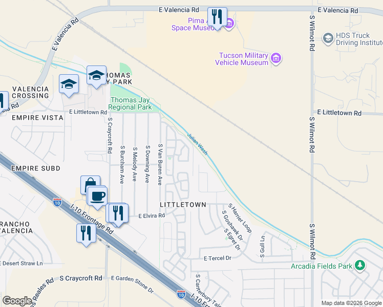 map of restaurants, bars, coffee shops, grocery stores, and more near 6667 South Avenida Del Arrabal in Tucson