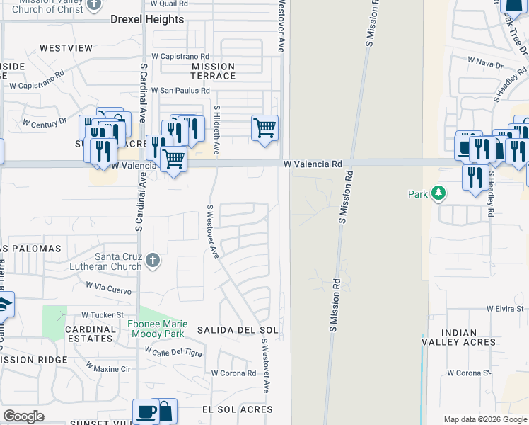 map of restaurants, bars, coffee shops, grocery stores, and more near 6621 South Vereda De Las Casitas in Tucson