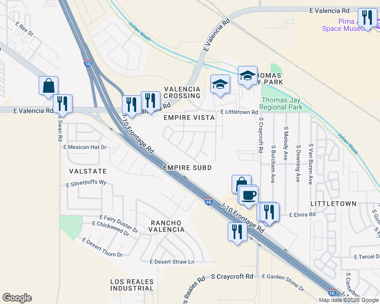 map of restaurants, bars, coffee shops, grocery stores, and more near 6665 South Quail Vista Drive in Tucson