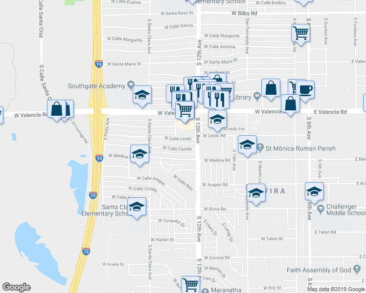 map of restaurants, bars, coffee shops, grocery stores, and more near 634 West Calle Castile in Tucson