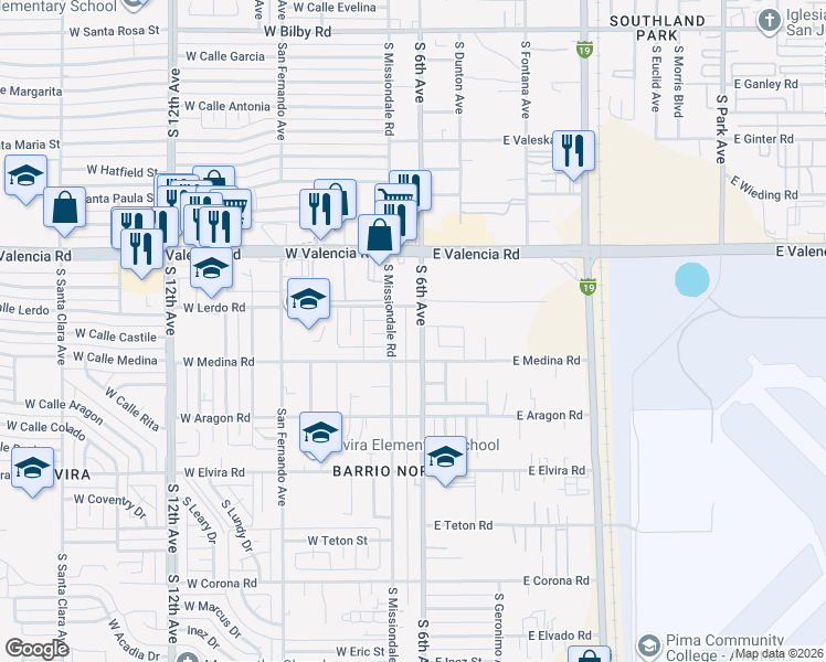 map of restaurants, bars, coffee shops, grocery stores, and more near 6625 South Missiondale Road in Tucson