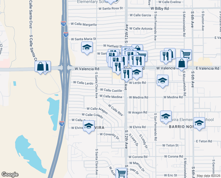 map of restaurants, bars, coffee shops, grocery stores, and more near 726 West Calle Castile in Tucson
