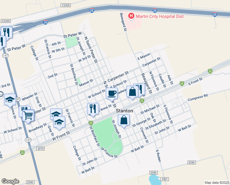 map of restaurants, bars, coffee shops, grocery stores, and more near 301 Saint Mary Street in Stanton