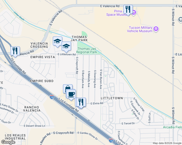 map of restaurants, bars, coffee shops, grocery stores, and more near 6633 South Melody Avenue in Tucson