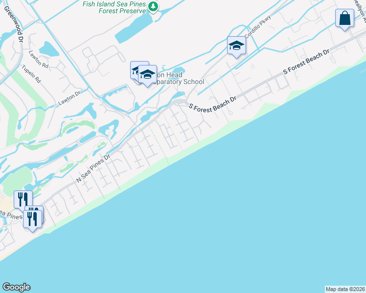 map of restaurants, bars, coffee shops, grocery stores, and more near 34 Ruddy Turnstone Road in Hilton Head Island