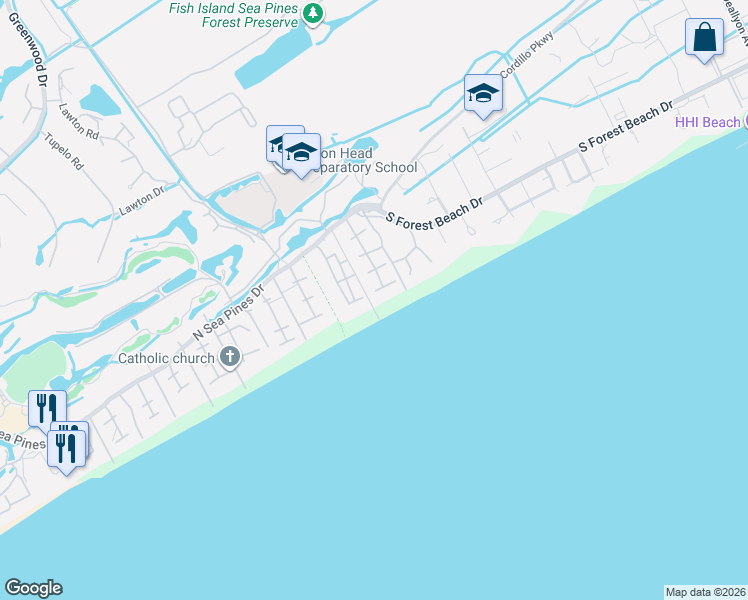 map of restaurants, bars, coffee shops, grocery stores, and more near 34 Ruddy Turnstone Road in Hilton Head Island
