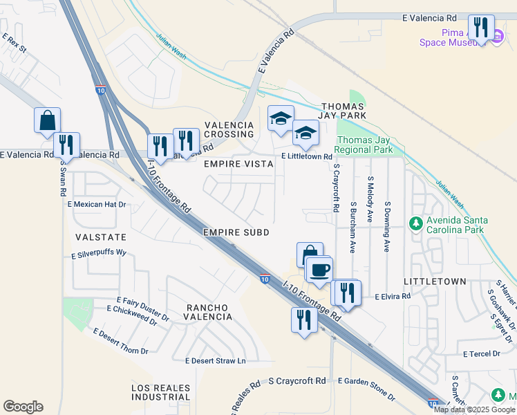 map of restaurants, bars, coffee shops, grocery stores, and more near 5271 East Jasmine Vista Court in Tucson
