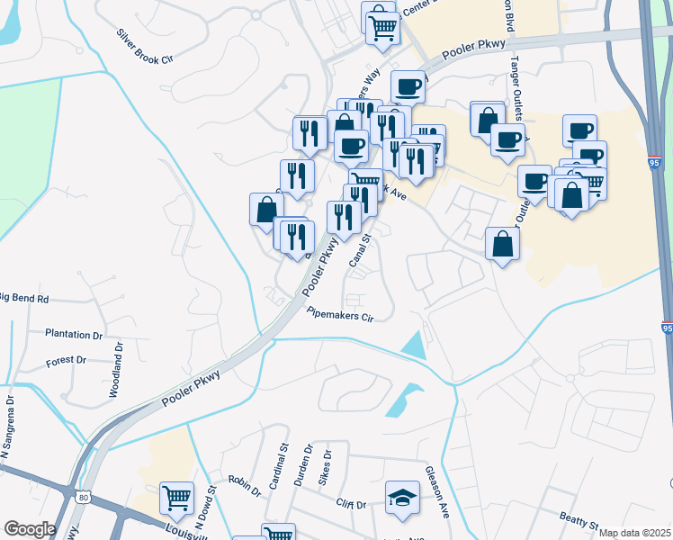 map of restaurants, bars, coffee shops, grocery stores, and more near 131 Canal Street in Pooler