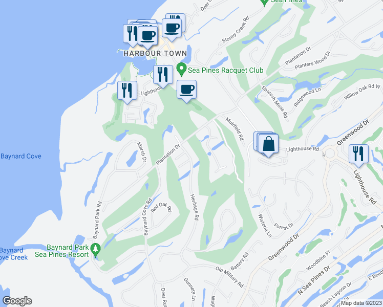 map of restaurants, bars, coffee shops, grocery stores, and more near 9 Heritage Road in Hilton Head Island