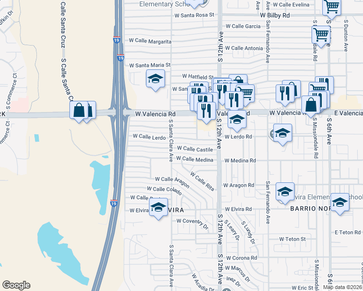 map of restaurants, bars, coffee shops, grocery stores, and more near 726 West Calle Castile in Tucson
