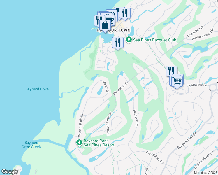 map of restaurants, bars, coffee shops, grocery stores, and more near 27 Marsh Drive in Hilton Head Island