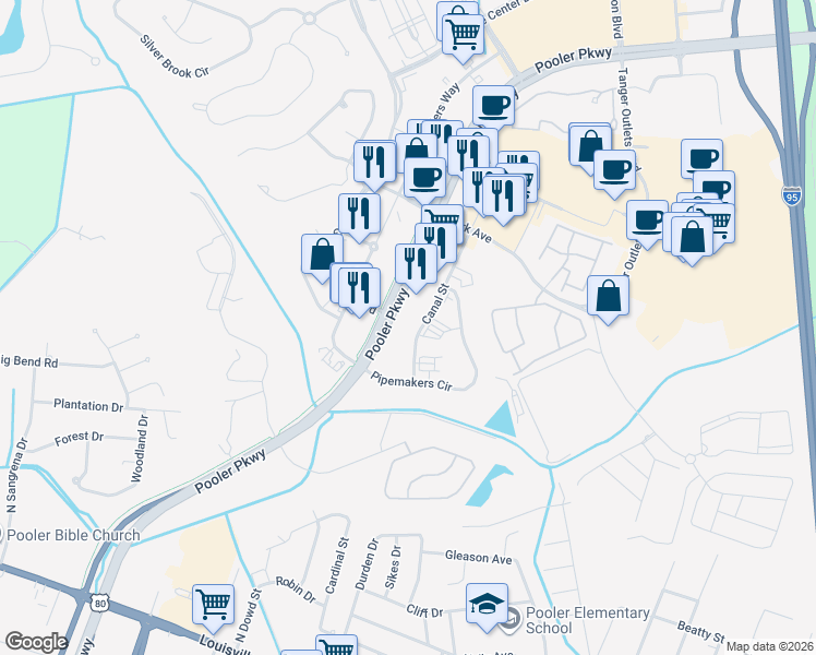 map of restaurants, bars, coffee shops, grocery stores, and more near 131 Canal Street in Pooler