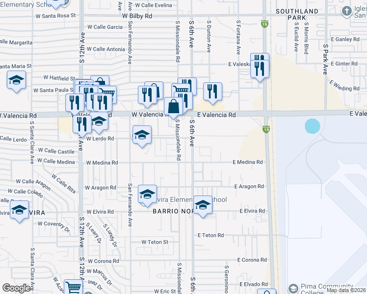map of restaurants, bars, coffee shops, grocery stores, and more near 6625 South Missiondale Road in Tucson