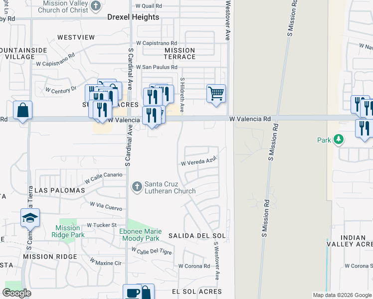 map of restaurants, bars, coffee shops, grocery stores, and more near 2631 West Vereda De La Tierra in Tucson