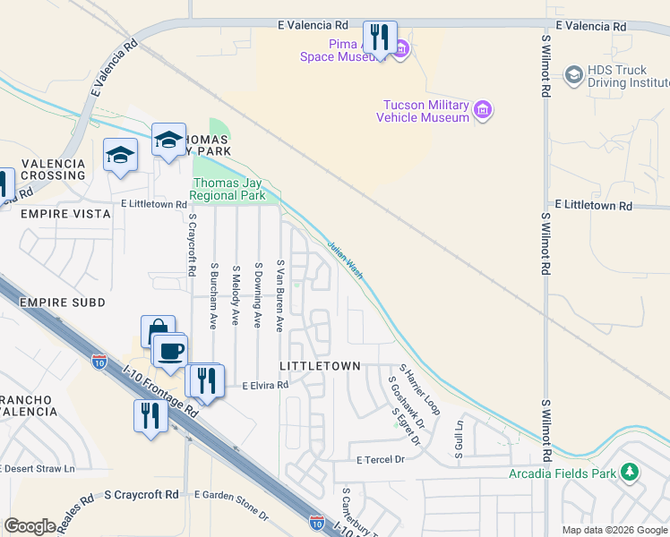 map of restaurants, bars, coffee shops, grocery stores, and more near 6655 South Avenida Del Arrabal in Tucson