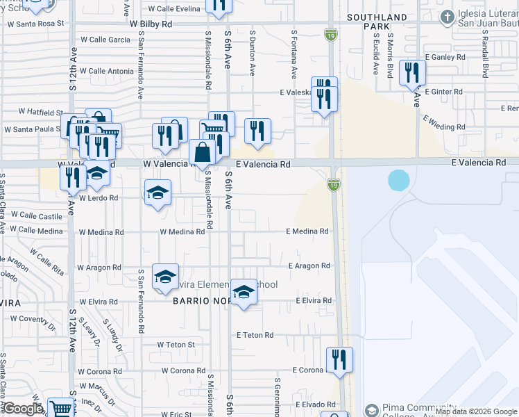map of restaurants, bars, coffee shops, grocery stores, and more near 225 East Medina Road in Tucson