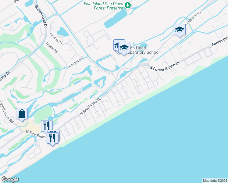 map of restaurants, bars, coffee shops, grocery stores, and more near 5 Wood Ibis Road in Hilton Head Island