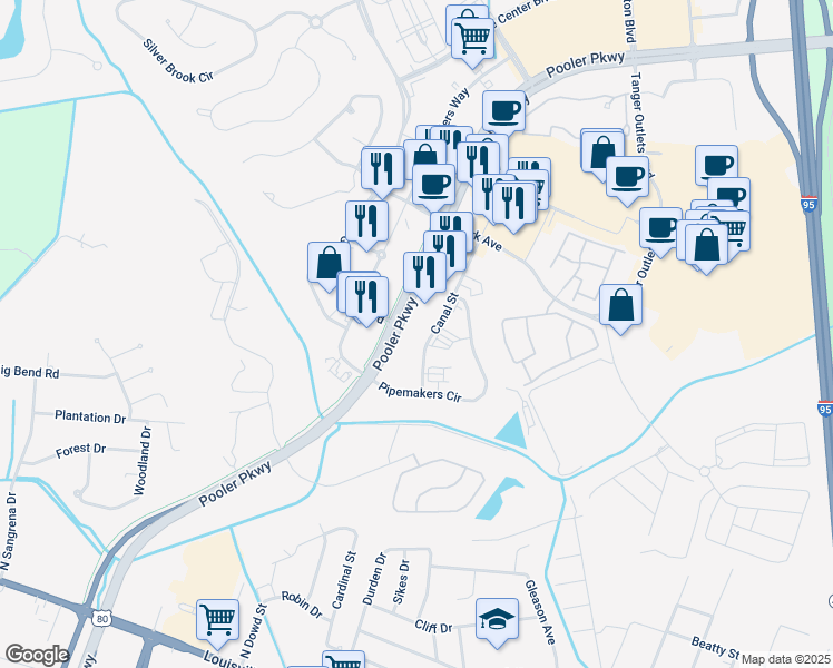 map of restaurants, bars, coffee shops, grocery stores, and more near 131 Canal Street in Pooler