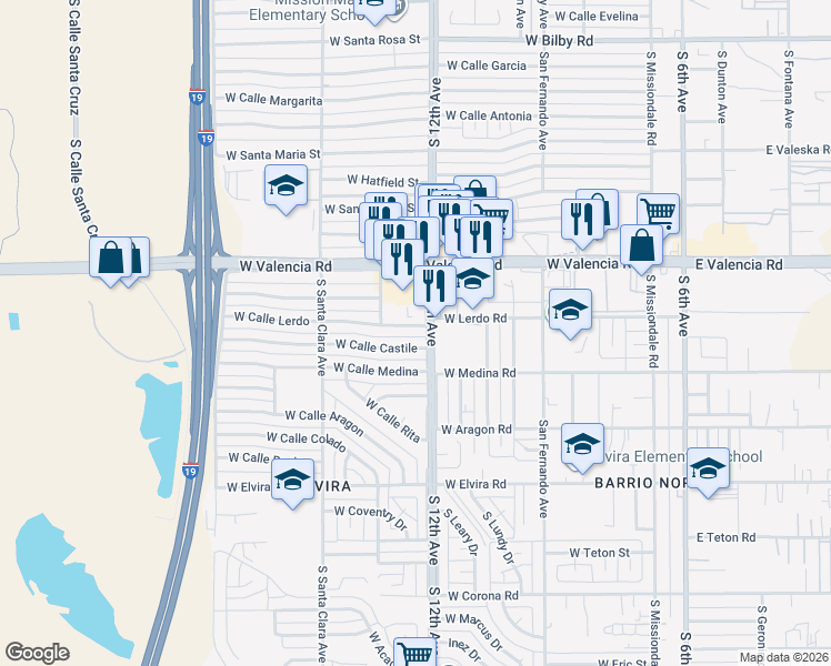 map of restaurants, bars, coffee shops, grocery stores, and more near 634 West Calle Castile in Tucson