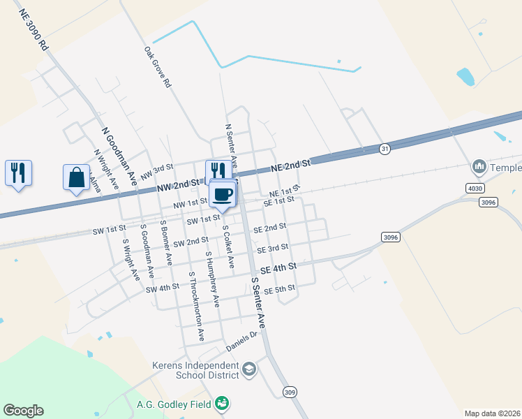 map of restaurants, bars, coffee shops, grocery stores, and more near 103 South Sinclair Avenue in Kerens