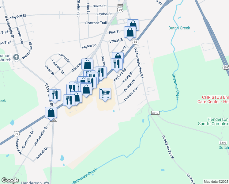 map of restaurants, bars, coffee shops, grocery stores, and more near 1702 Rayford Road in Henderson