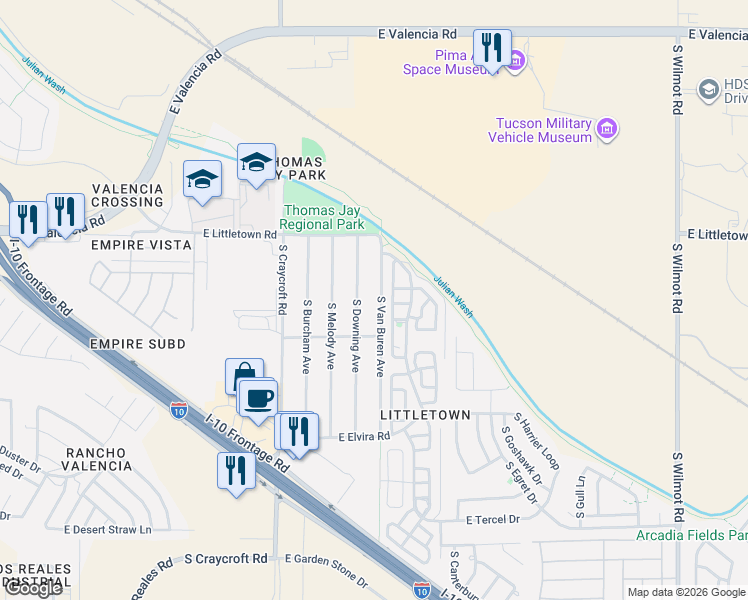 map of restaurants, bars, coffee shops, grocery stores, and more near 6642 South Van Buren Avenue in Tucson