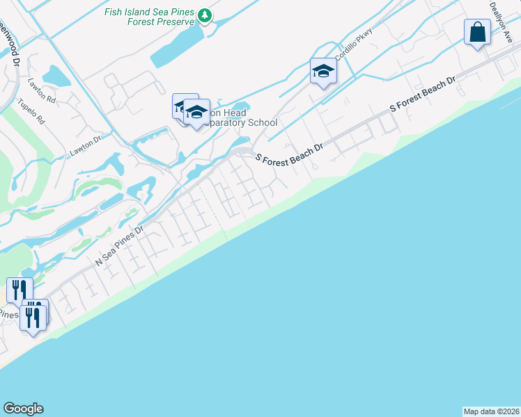 map of restaurants, bars, coffee shops, grocery stores, and more near 33 Ruddy Turnstone Road in Hilton Head Island