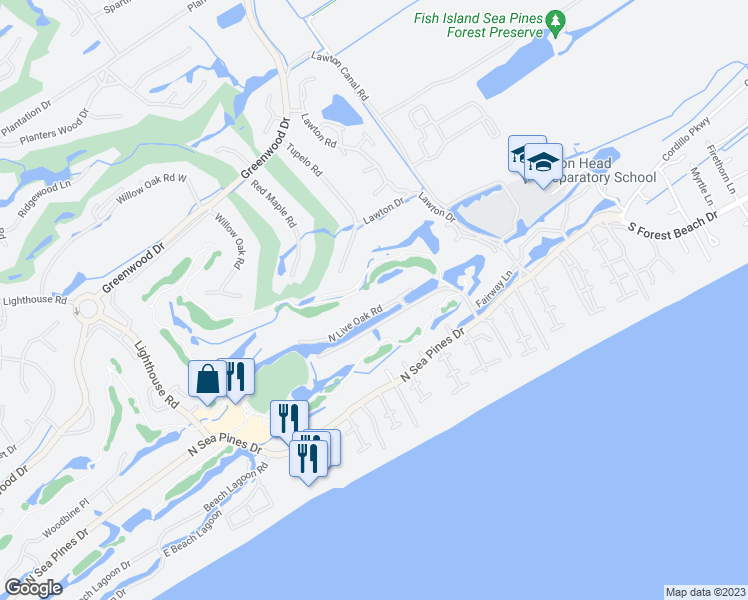 map of restaurants, bars, coffee shops, grocery stores, and more near 14 North Live Oak Road in Hilton Head Island