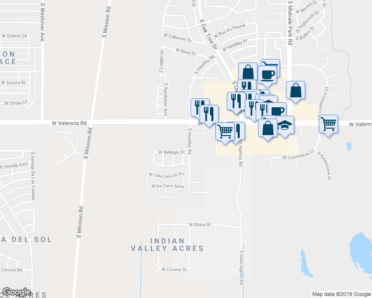 map of restaurants, bars, coffee shops, grocery stores, and more near 1950 West Bellagio Drive in Tucson