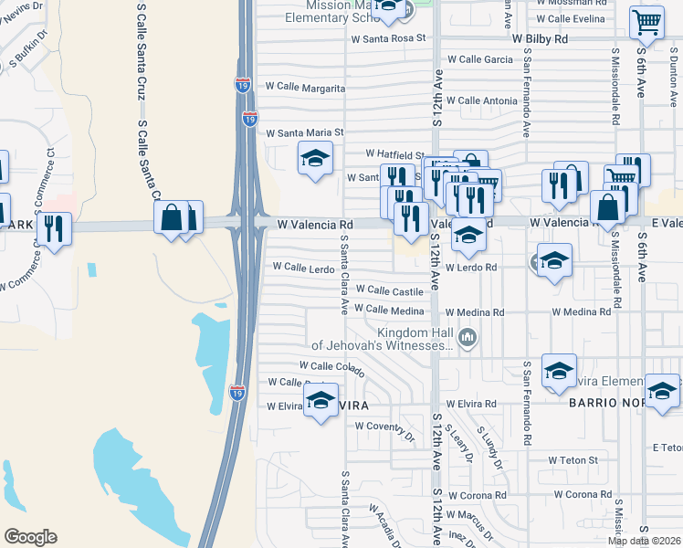 map of restaurants, bars, coffee shops, grocery stores, and more near 802 West Calle Castile in Tucson