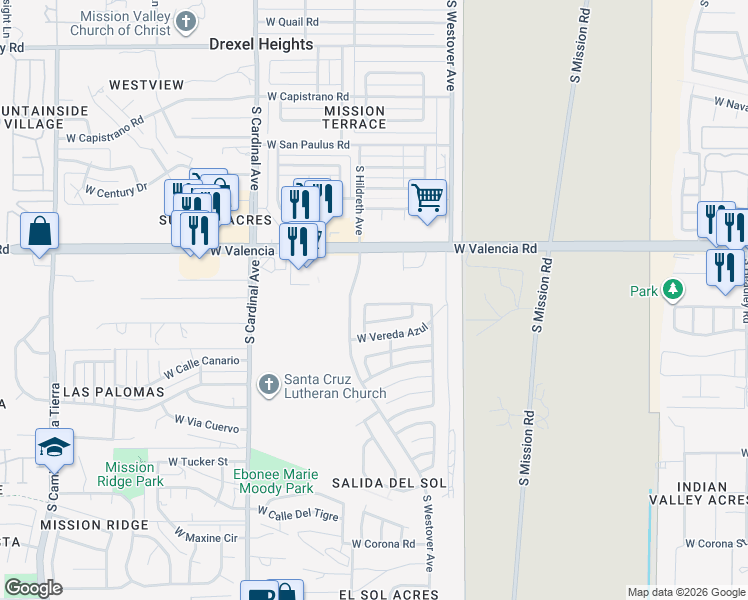 map of restaurants, bars, coffee shops, grocery stores, and more near 2631 West Vereda De La Tierra in Tucson