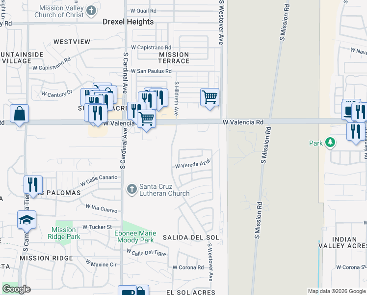 map of restaurants, bars, coffee shops, grocery stores, and more near 2631 West Vereda De La Tierra in Tucson