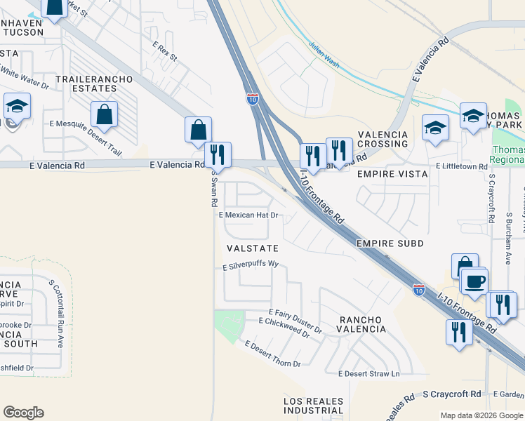 map of restaurants, bars, coffee shops, grocery stores, and more near 4846 East Orchard Grass Drive in Tucson