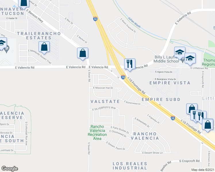 map of restaurants, bars, coffee shops, grocery stores, and more near 4834 East Orchard Grass Drive in Tucson