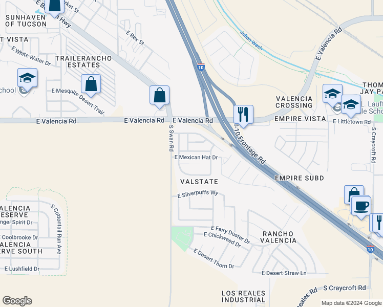 map of restaurants, bars, coffee shops, grocery stores, and more near 4786 East Orchard Grass Drive in Tucson