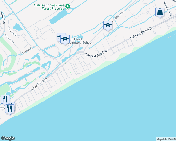 map of restaurants, bars, coffee shops, grocery stores, and more near 33 Ruddy Turnstone Road in Hilton Head Island