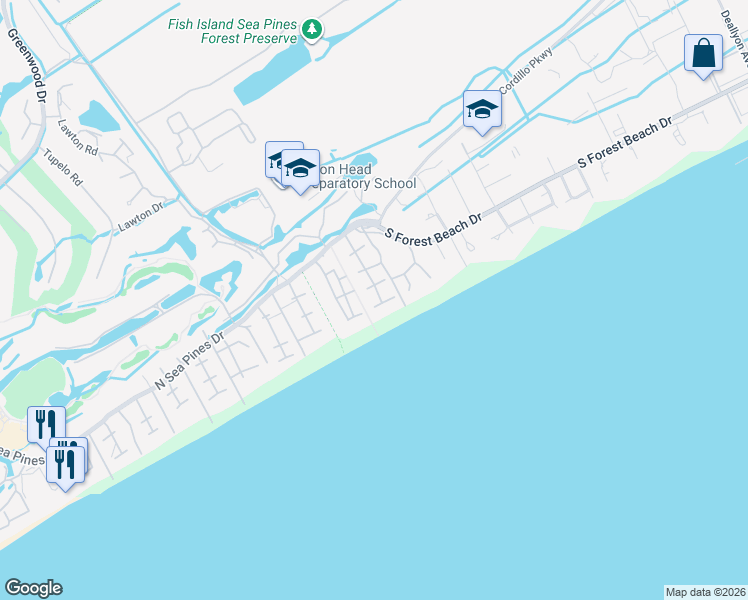 map of restaurants, bars, coffee shops, grocery stores, and more near 34 Ruddy Turnstone Road in Hilton Head Island