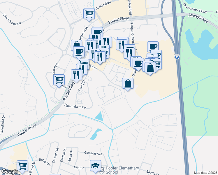 map of restaurants, bars, coffee shops, grocery stores, and more near 285 Park Avenue in Pooler
