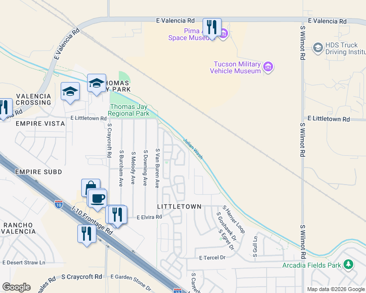 map of restaurants, bars, coffee shops, grocery stores, and more near 6655 South Avenida Del Arrabal in Tucson